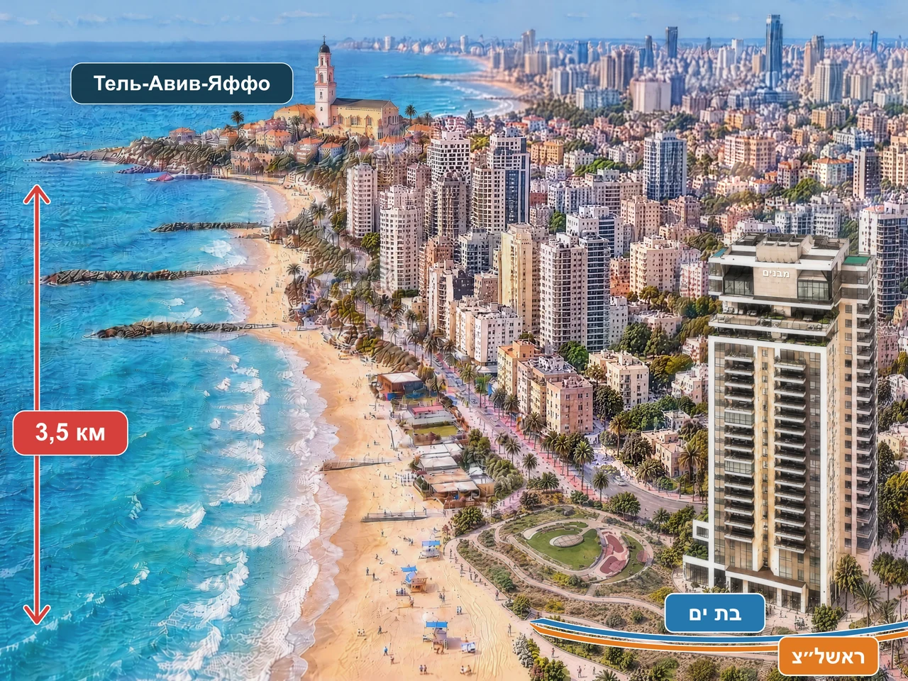 המחשת מיקום הבניין בחוף בת ים